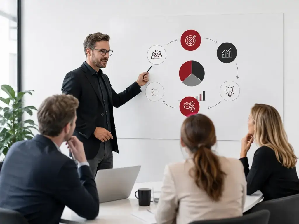 Business consultant explaining strategy and organisational development to a professional team