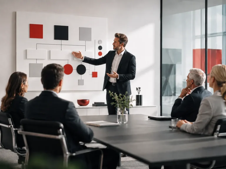 Business consultant presenting organisational strategy to an executive management team
