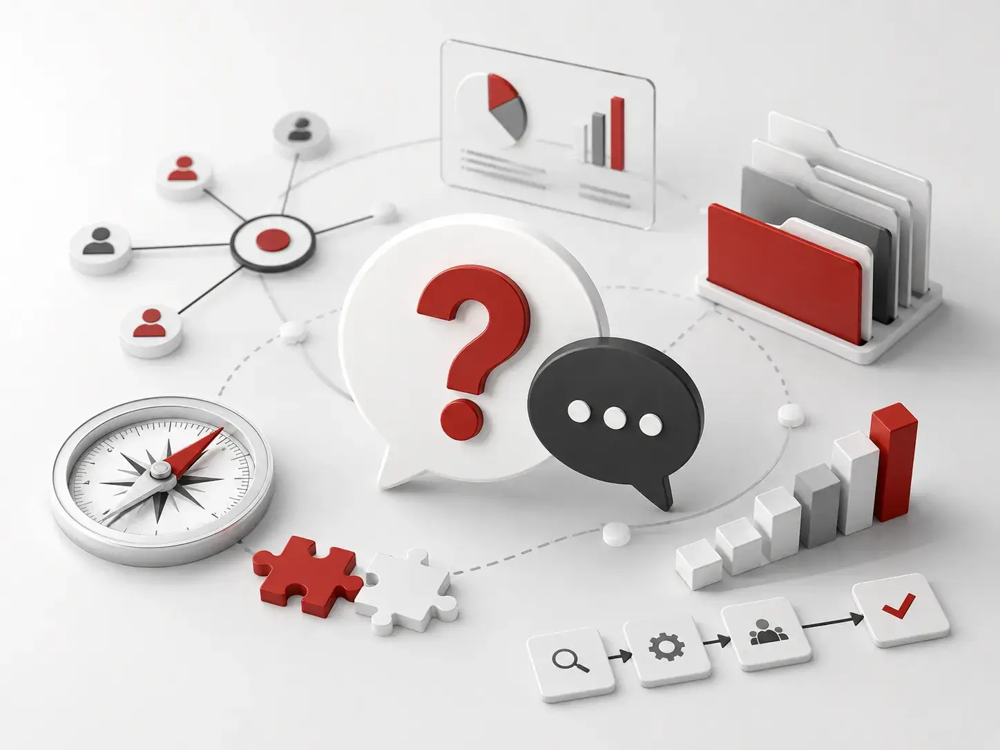 Conceptual FAQ illustration with question mark, business process, growth, guidance and organisational elements