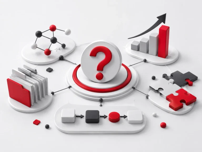 Conceptual FAQ illustration with question mark, process flow, growth chart and organisational elements
