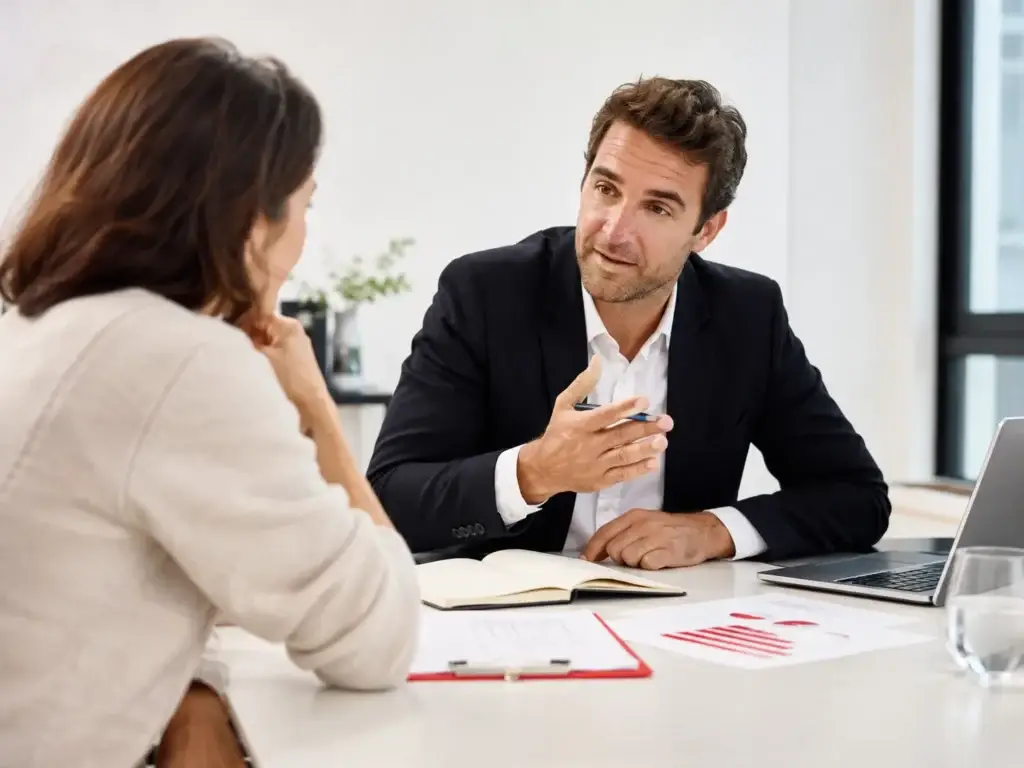 Business advisor answering client questions during a personal consultancy meeting