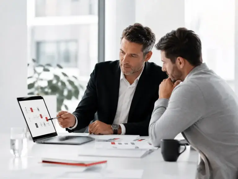 Text: Business consultant advising an entrepreneur during a one-on-one strategy session