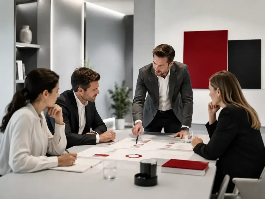 Business consultants discussing strategy and organisational development around a meeting table